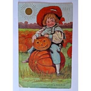 Taylor Halloween Postcard Child In Pumpkin Patch JOL 1908 Vintage Embossed